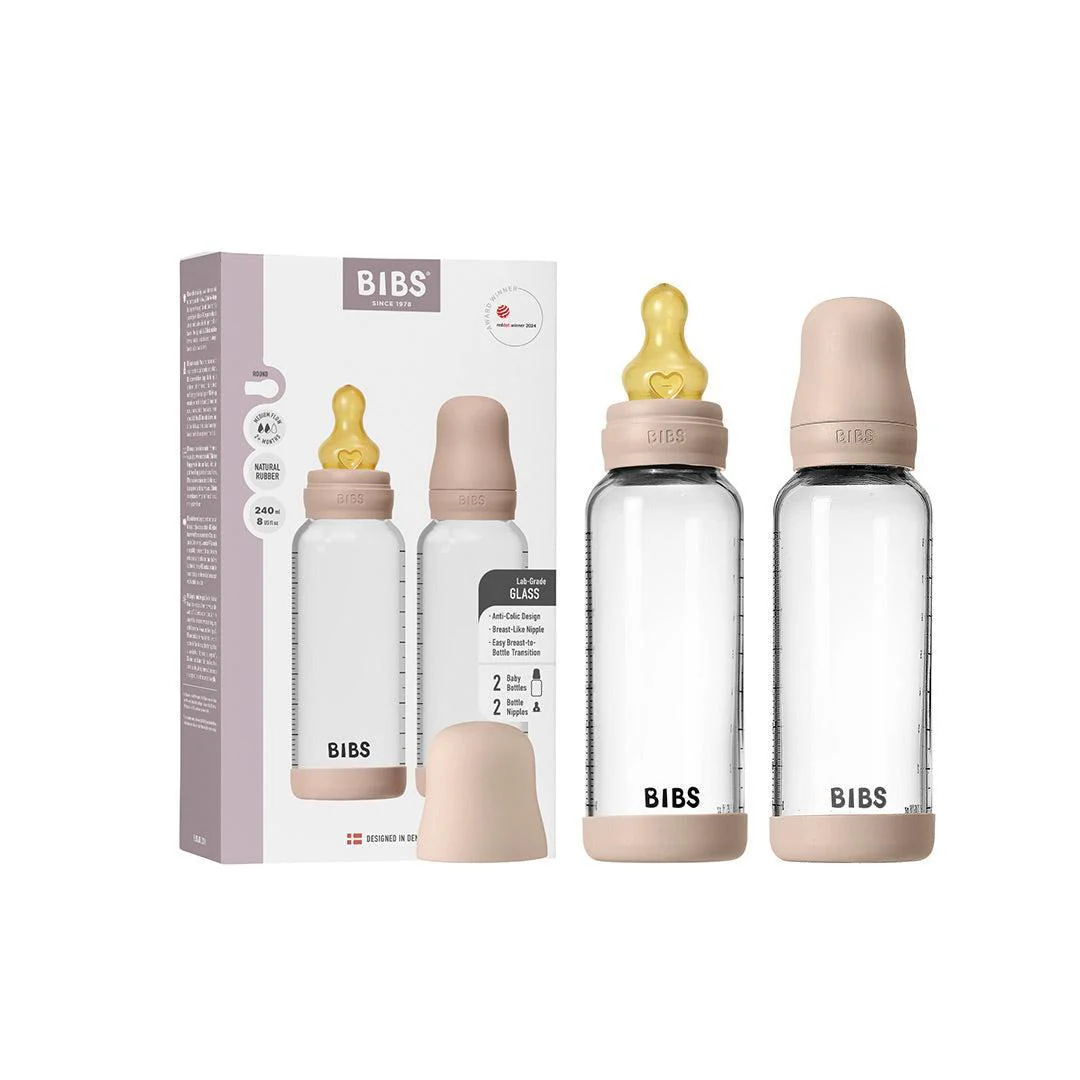 BIBS 2 Pack Medium Flow Glass Baby Bottle Round Latex - 240ml - Blush - Image 2