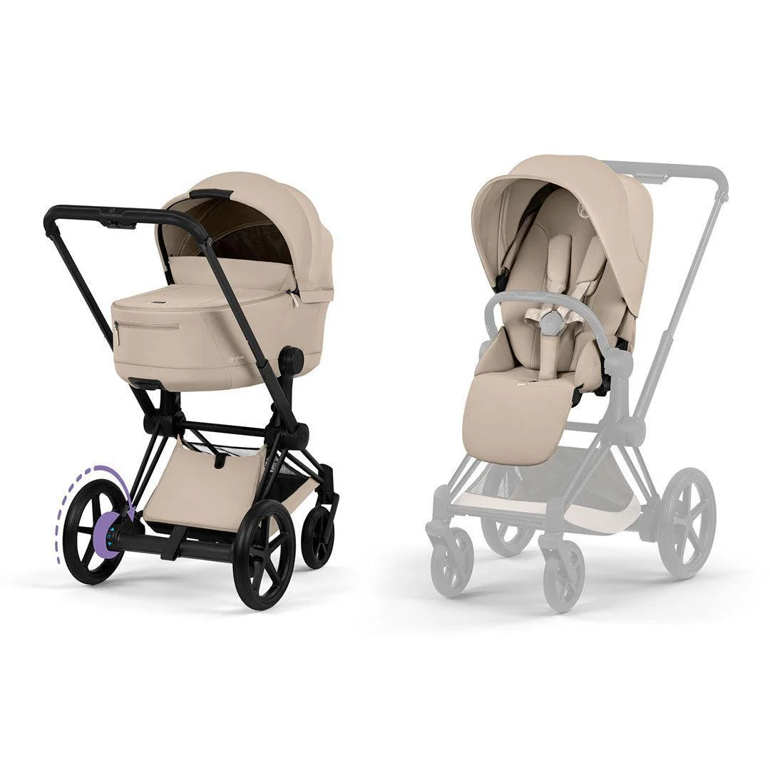 CYBEX e-Priam Comfort Pushchair & Foldable Carrycot - Cozy Beige/Black