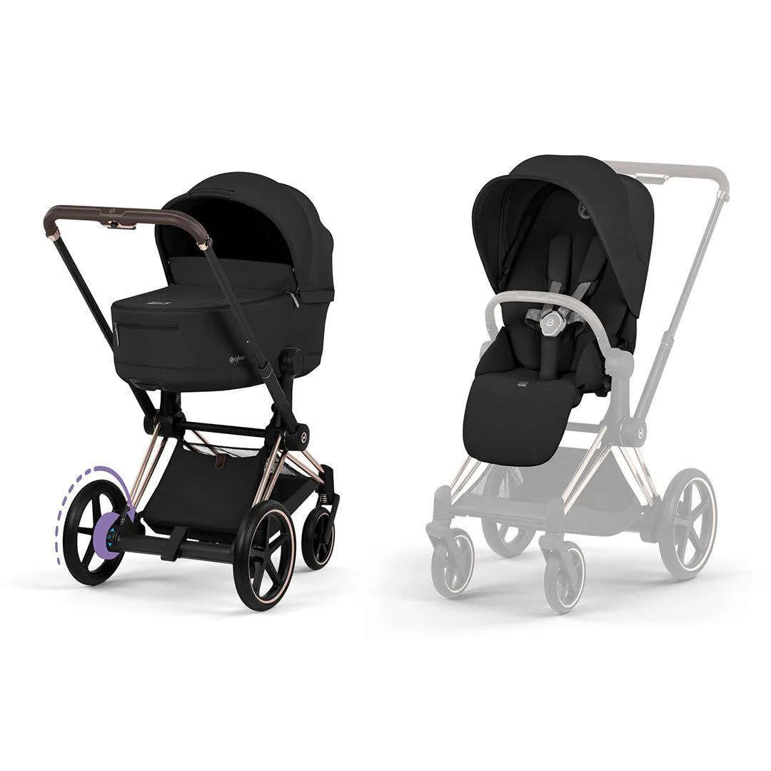 CYBEX e-Priam Comfort Pushchair & Foldable Carrycot - Sepia Black/Rose Gold