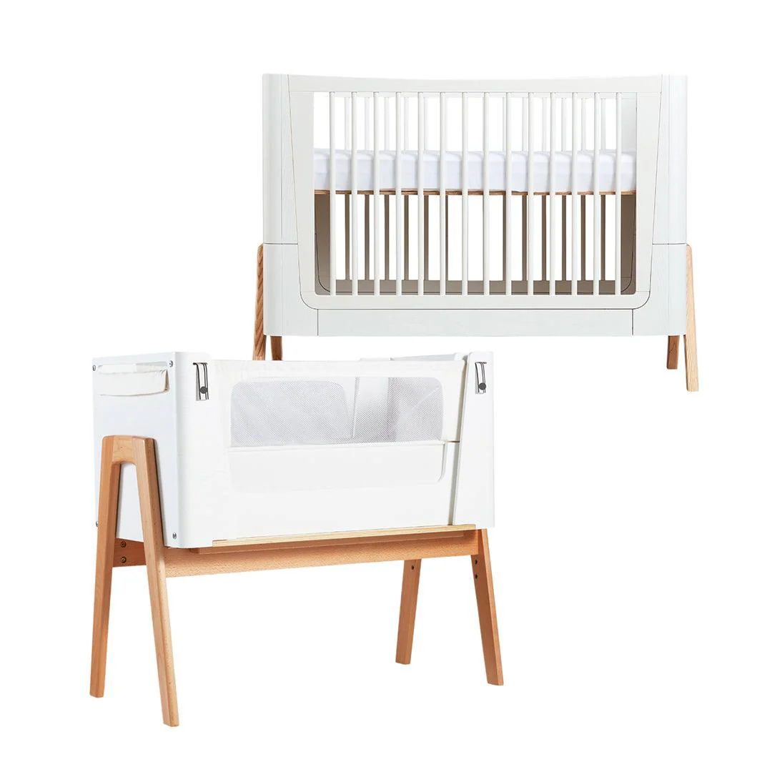 Gaia Baby Hera Cot Bed + Bedside Crib Two Piece Bundle - Scandi-White + Natural