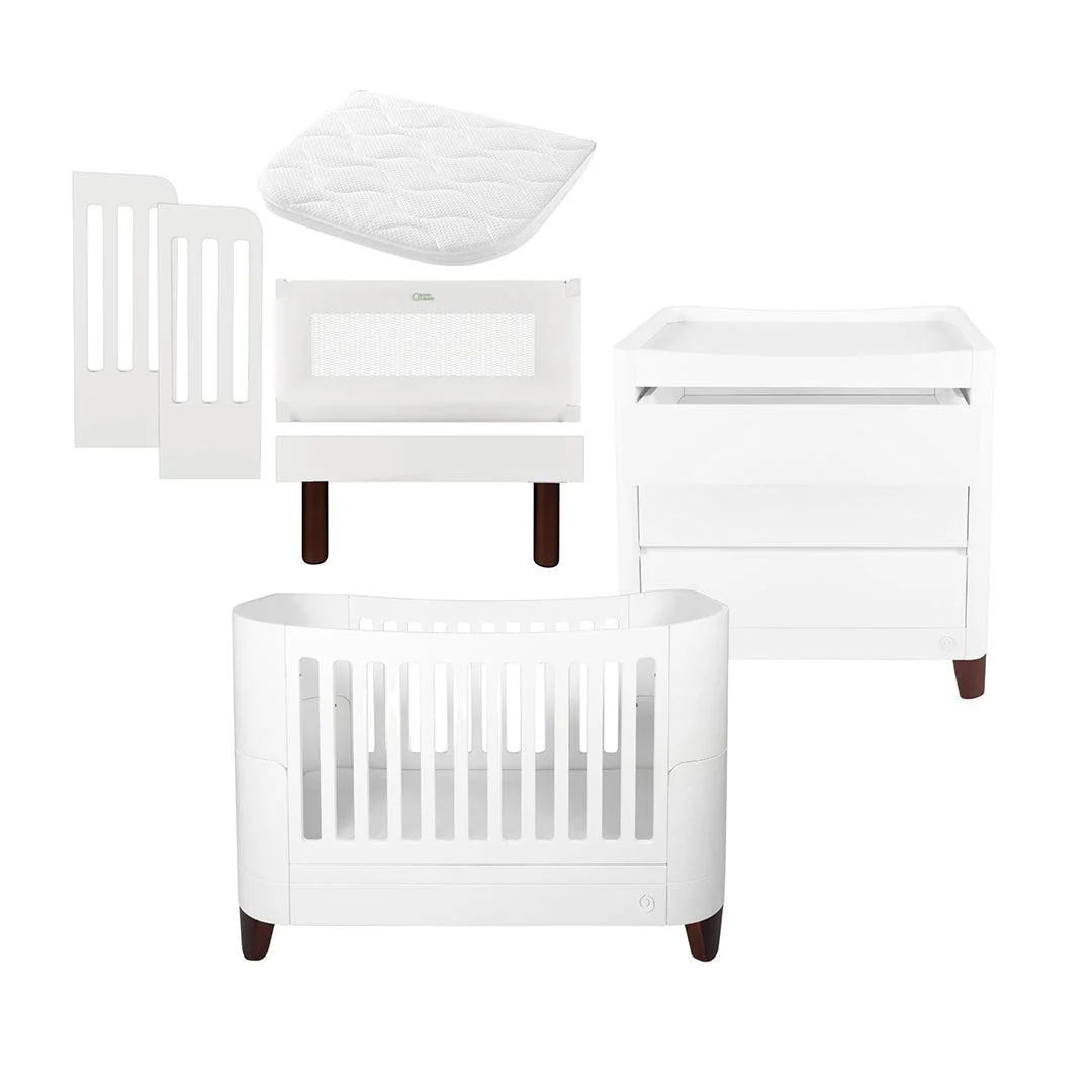 Gaia Baby Serena Cot Bed + Bedside Crib Set (Incl Bedside mattress) Cot Bed and Dresser - White / Walnut