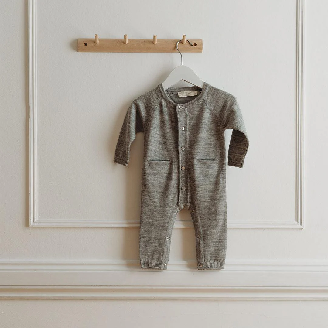 Merino Kids All-In-One Button Through Bodysuit - Light Grey - Image 3