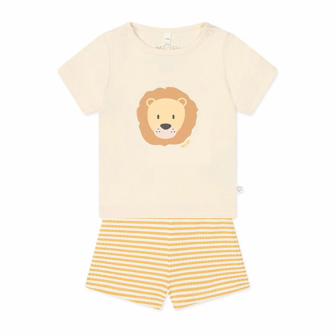 MORI Lion T-Shirt & Stripe Ribbed Shorts - Panda Cream