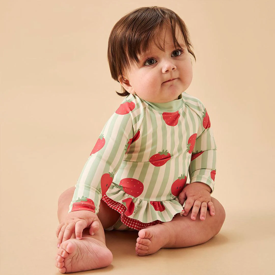 MORI Stripe Frill Long Sleeve Swimsuit - Strawberry & Green Stripe - Image 4