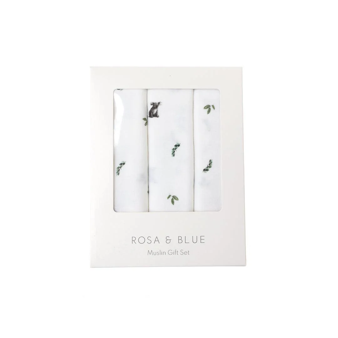 Rosa & Blue Muslin Squares - Koala - 3 Pack