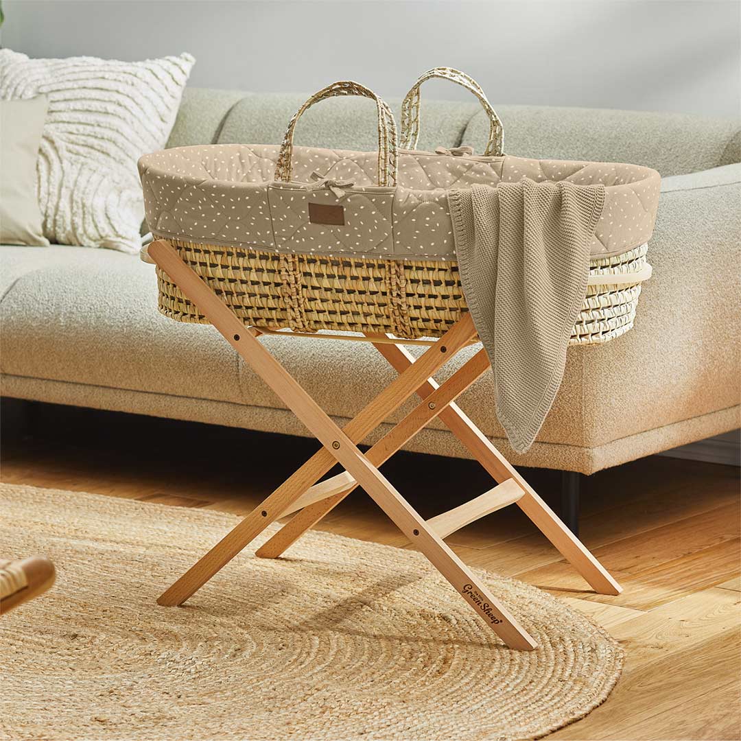 The Little Green Sheep Natural Quilted Moses Basket - Mattress + Static Stand - Image 13