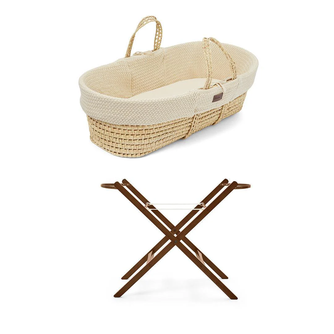 The Little Green Sheep Wheat Knit Moses Basket and Foldable Stand Bundle - Linen / Walnut