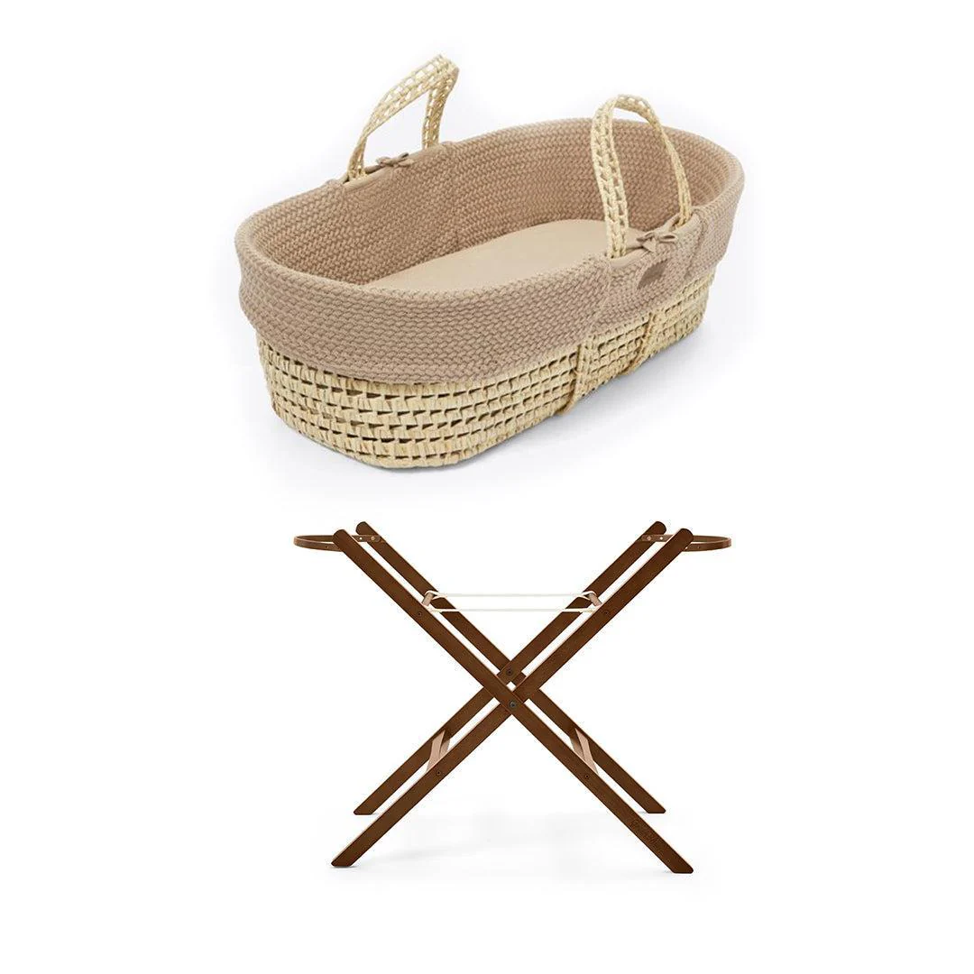 The Little Green Sheep Wheat Knit Moses Basket and Foldable Stand Bundle - Truffle / Walnut
